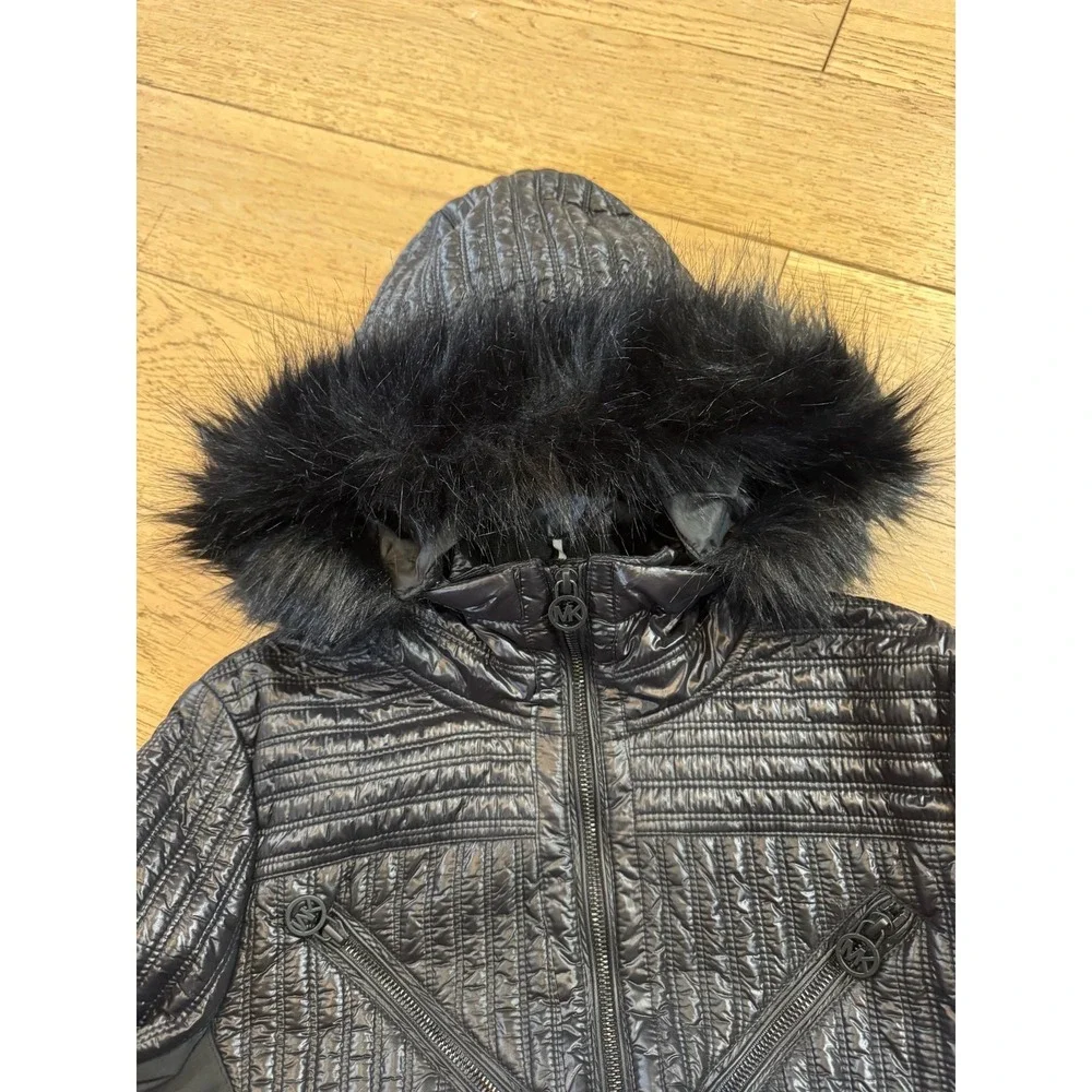 Michael‎ Kors Black Quilted Fur Hood Belted Puffer Jacket Womens Size M